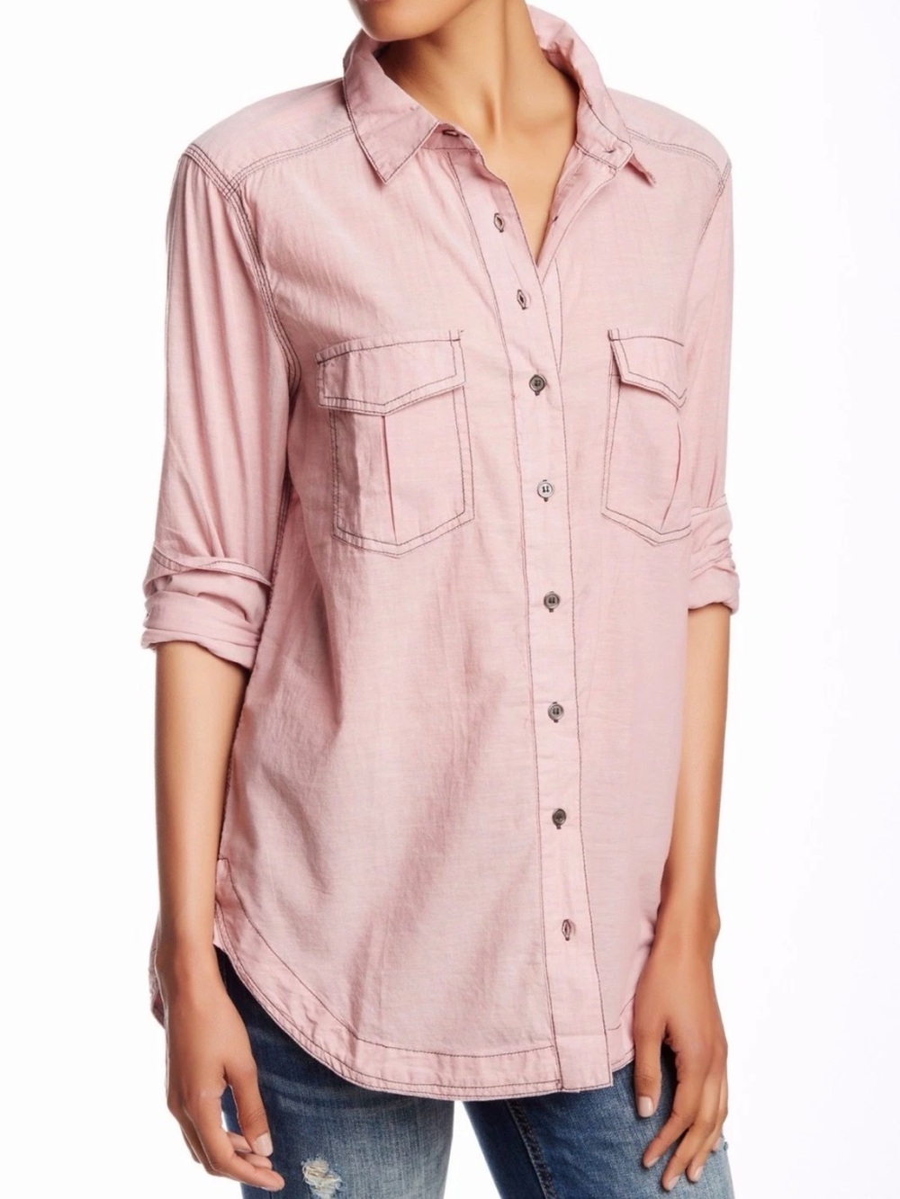 Free People Pink Chambray Button-Up Shirt  Pockets Collared Stitch Detail Size S